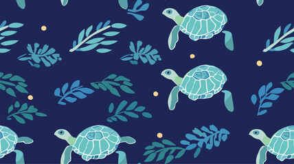 Turtles pattern. Blue background. undersea world.