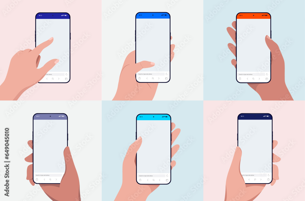 Fototapete Mobile phone in hand collection - Set of vector illustrations with various diverse hands holding and using smartphones with blank empty browser on screen. Flat design on pastel coloured backgrounds