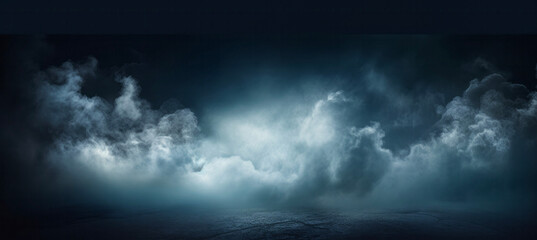 Verzaubernde Bühne mit bläulichem Nebel im Hintergrund – mystische Atmosphäre und dramatische Wand, AI-Generiert - obrazy, fototapety, plakaty