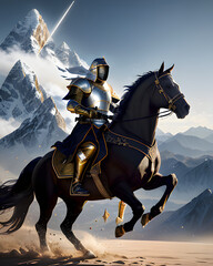 A armoured knight riding a black horse with a magical background, Ai generated image - obrazy, fototapety, plakaty
