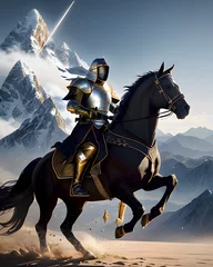Poster A armoured knight riding a black horse with a magical background, Ai generated image © @khaled.raws