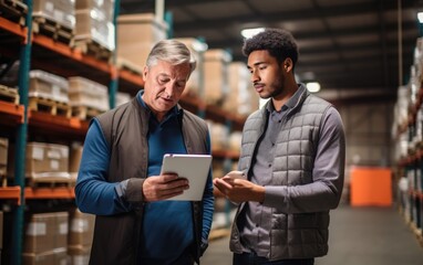 Mature warehouse logistics manager with a tablet in his hand shows a young worker a warehouse with shelves and boxes. Generative AI