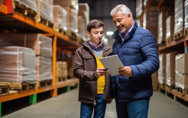 Mature warehouse logistics manager with a tablet in his hand shows a young worker a warehouse with shelves and boxes. Generative AI