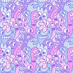 Fototapeta premium Cartoon retro monsters seamless Halloween pattern for wrapping paper and fabrics and linens and kids