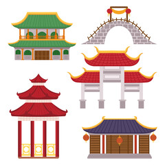 Fototapeta premium Set Of Asian Traditional Buildings, Adorned With Intricate Designs, Vibrant Colors, And Rich Cultural Heritage, Vector