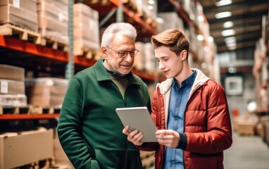 Mature warehouse logistics manager with a tablet in his hand shows a young worker a warehouse with shelves and boxes. Generative AI