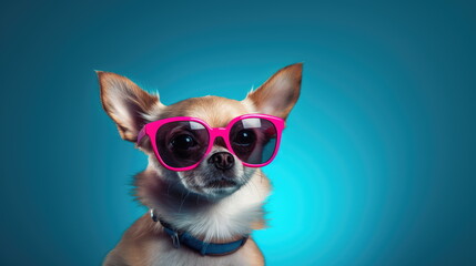 Chihuahua dog wearing pink sunglasses on blue background.
