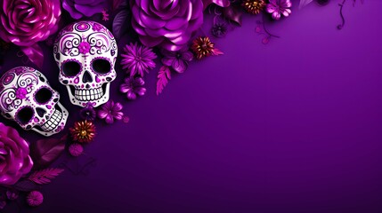 Day of the Dead Background, Halloween Dia De Los Muertos, attributes and traditions, sugar skulls mockup, Mexican Sugar Skulls. Ai Generated.