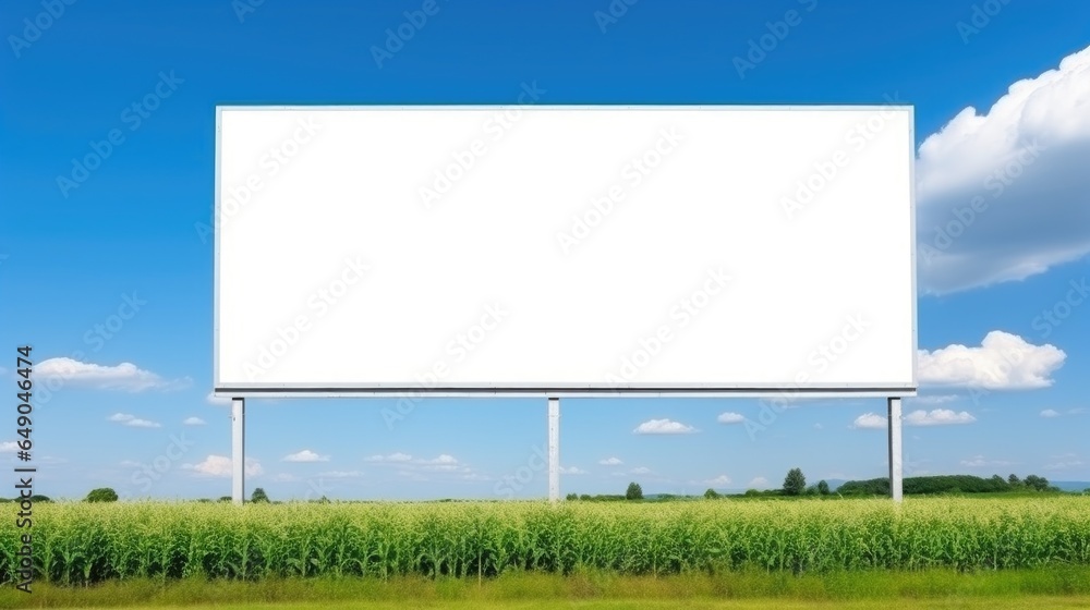 Wall mural empty white billboard stands in corn field, against backdrop of blue sky. mock up. copy space banner