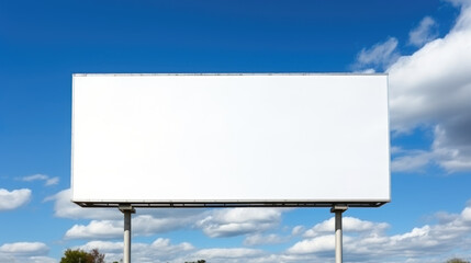 Large empty blank billboard mockup with white screen against backdrop of blue sky. Copy space banner background for advertising.