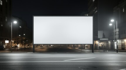 Empty white billboard stands on night city. Mock up. Poster on street next to roadway. Copy space banner background for advertising.