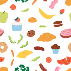 Tasty food and products, fresh ingredients. Breakfast, kitchen or cafe seamless pattern design. Croissant and muffin, bacon and sausage, vector background
