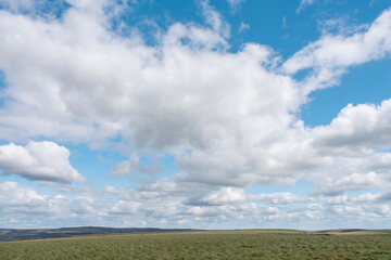Obraz premium white cirrus, feathery clouds against spring bright blue cloudy sky on sunny day in England