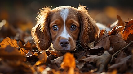 A candid shot of a Blenheim Cavalier King Charles Spaniel puppy, caught in a moment of curiosity as it investigates a fallen autumn leaf.