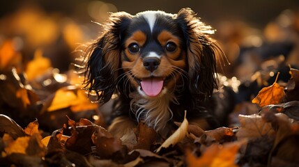A candid snapshot of a Cavalier King Charles Spaniel puppy frolicking in a pile of fallen autumn leaves, embodying the spirit of playful exploration.