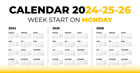 Vector calendar for 2024, 2025, 2026 on a white background. Week start on Monday