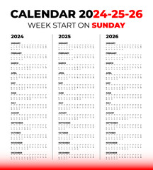 Vector calendar for 2024, 2025, 2026 on a white background. Week start on Sunday