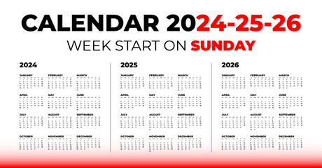Vector calendar for 2024, 2025, 2026 on a white background. Week start on Sunday