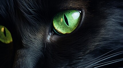 A close-up of a black cat's mesmerizing emerald-green eyes.