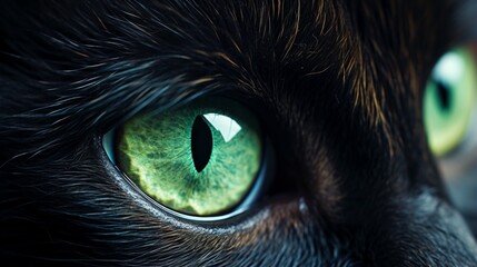 A close-up of a black cat's mesmerizing emerald-green eyes.