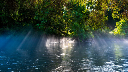 Fog and sun rays on the river in the morning. Water and light games. A morning view from the Eifel national park. Misty river view. Heartbreaking and dreamy nature landscapes. Eifel, Germany