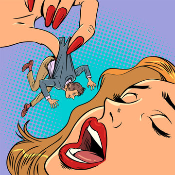 Violence in family. Gender inequality. A woman eats a small man in a suit.