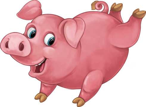 Cartoon happy farm animal pig having fun isolated illustration for children
