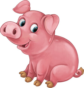 Cartoon happy farm animal pig having fun isolated illustration for children