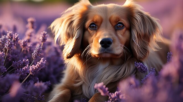 A dreamy, soft-focus image of a Ruby Cavalier King Charles Spaniel in a field of lavender, creating a sense of calm and tranquility.