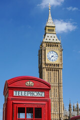 Big Ben and traditional red telephone box in London England United Kingdom UK