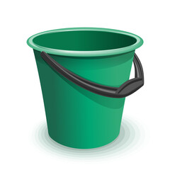 Green plastic empty bucket with black handle, illustration isolated on white