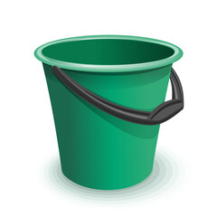 Green plastic empty bucket with black handle, illustration isolated on white