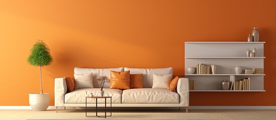 Beautiful and contemporary orange with modern and chic furniture in a warm and cozy living room with white flooring
