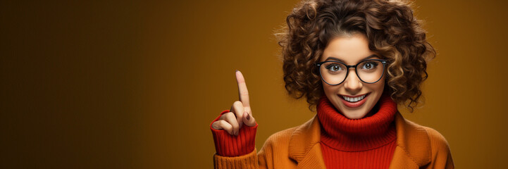 Happy young adult girl wearing glasses and pointing to one side in front of a colorful background banner - generative AI.