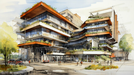 Urban planning architecture design sketch drawing style, business building with sustainable elements
