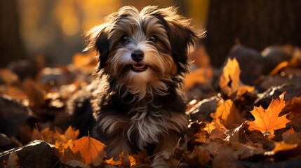 A Havanese Spaniel surrounded by autumn leaves, giving off a warm and cozy vibe.