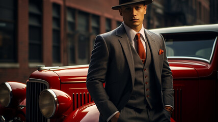 Male gangster or maffia member wearing suit and hat in the city streets next to car
