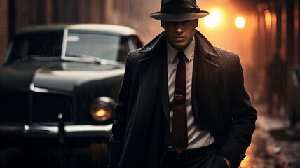 Male gangster or maffia member wearing suit and hat in the city streets next to car