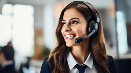 Female callcenter or consultant employee talking through headset to customers