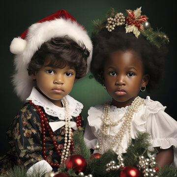 Vintage nostalgic portrait of young black children dressed in fancy Christmas clothes