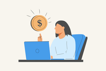 woman earning money. laptop. Hand drawn style vector design illustrations.