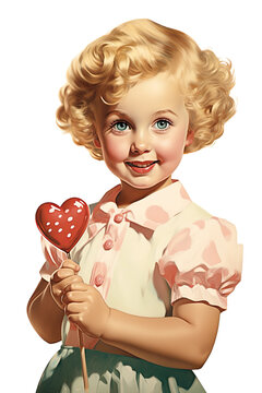 child licking valentines lollipop heart shape vintage illustration isolated on a transparent background, generative ai