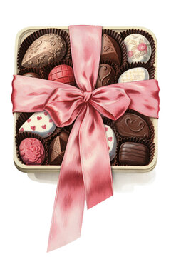 box of assorted valentines day candies vintage illustration isolated on a transparent background, generative ai