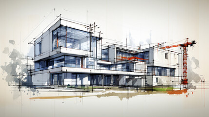 Fototapeta premium Urban planning architecture design sketch drawing style, business building with sustainable elements