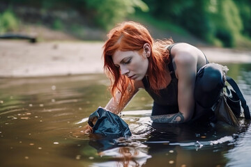 Riverside Stewardship: A Red-Haired Woman's Eco-Friendly Cleanup Effort for a Pristine River Environment, ai generative