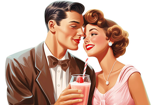 couple sharing a milkshake with two straws vintage illustration isolated on a transparent background, generative ai
