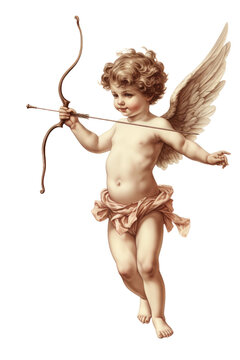 cupid drawing back his bow and arrow vintage illustration isolated on a transparent background, generative ai