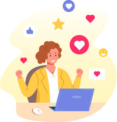Receiving positive feedback. Smiling blogger woman at laptop enjoy like impressions in internet blog or social media post, blogging forum marketing technology, vector illustration