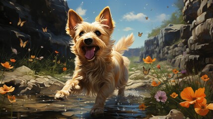 A Norwich Terrier's playful expression as it eagerly chases a colorful butterfly.