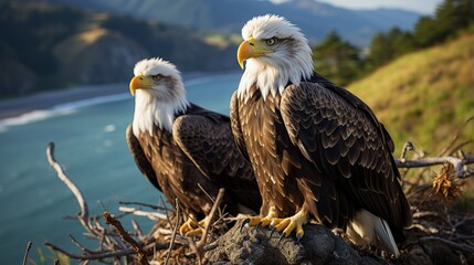 A pair of majestic bald eagles perched on a rocky cliff, their fierce eyes scanning for prey below.